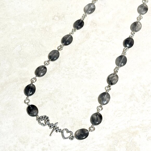 Genuine Grey Tourmalinated Quartz Short Necklace,Gemstone & Paw Print Heart Beat - Picture 7 of 14